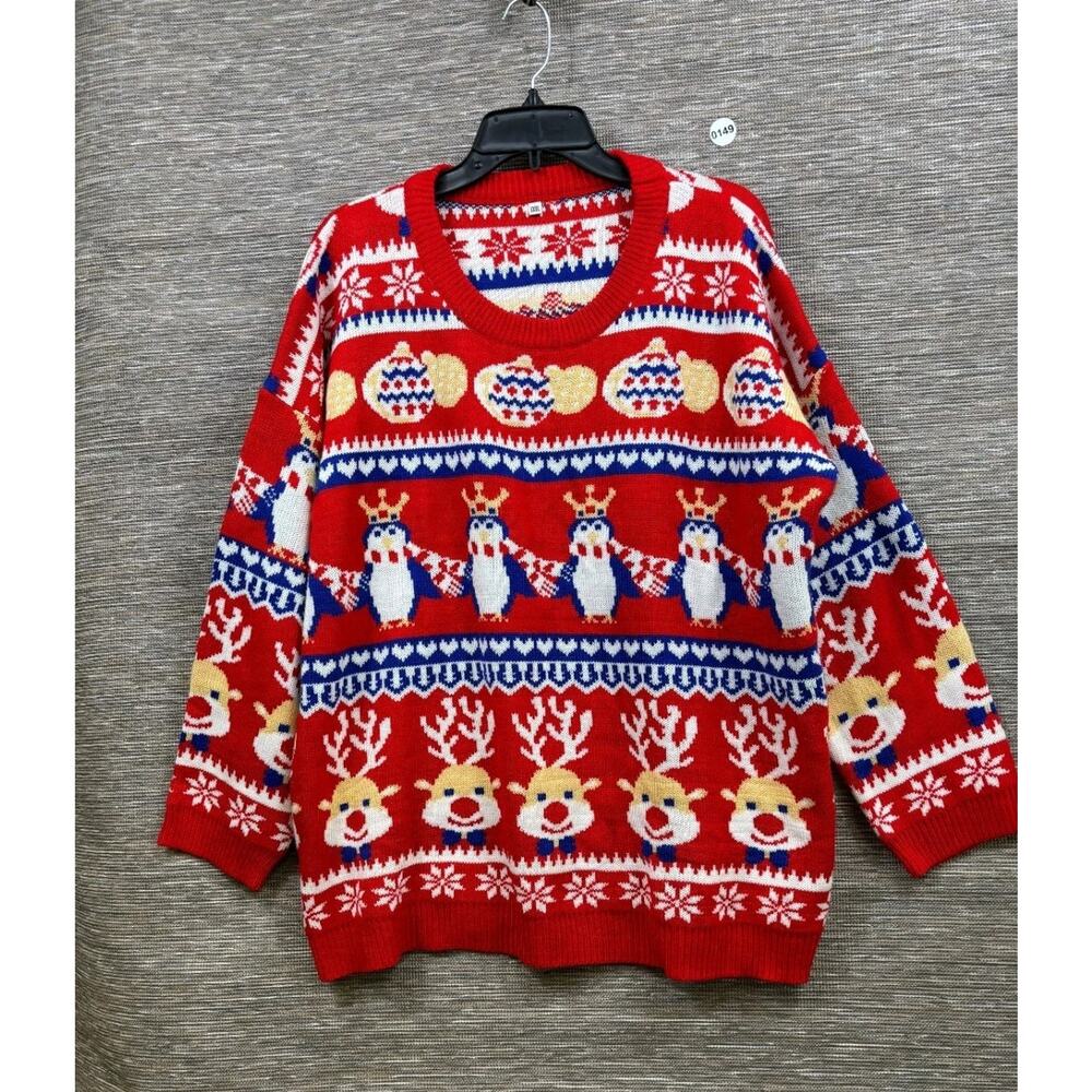 Ugly Sweater V28 Size XXXL Reindeers Penguin Snow Red Blue Long Sleeve